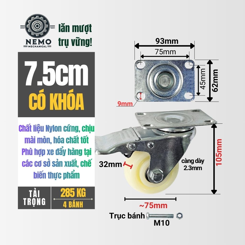 Bánh Xe Nylon Trắng Chịu Tải – Chuyên Dụng Kho Lạnh, Phòng Sạch (D75, D100, D125)